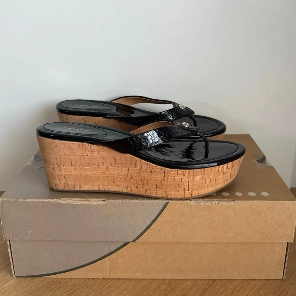 Coach Signature Black Patent Leather Women Wedge Sandals - SZ 8